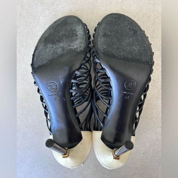 Chanel Caged CC Gladiator High Heel Peep Toe Sandals Black & Ivory Leather EU 41 - Picture 7 of 10